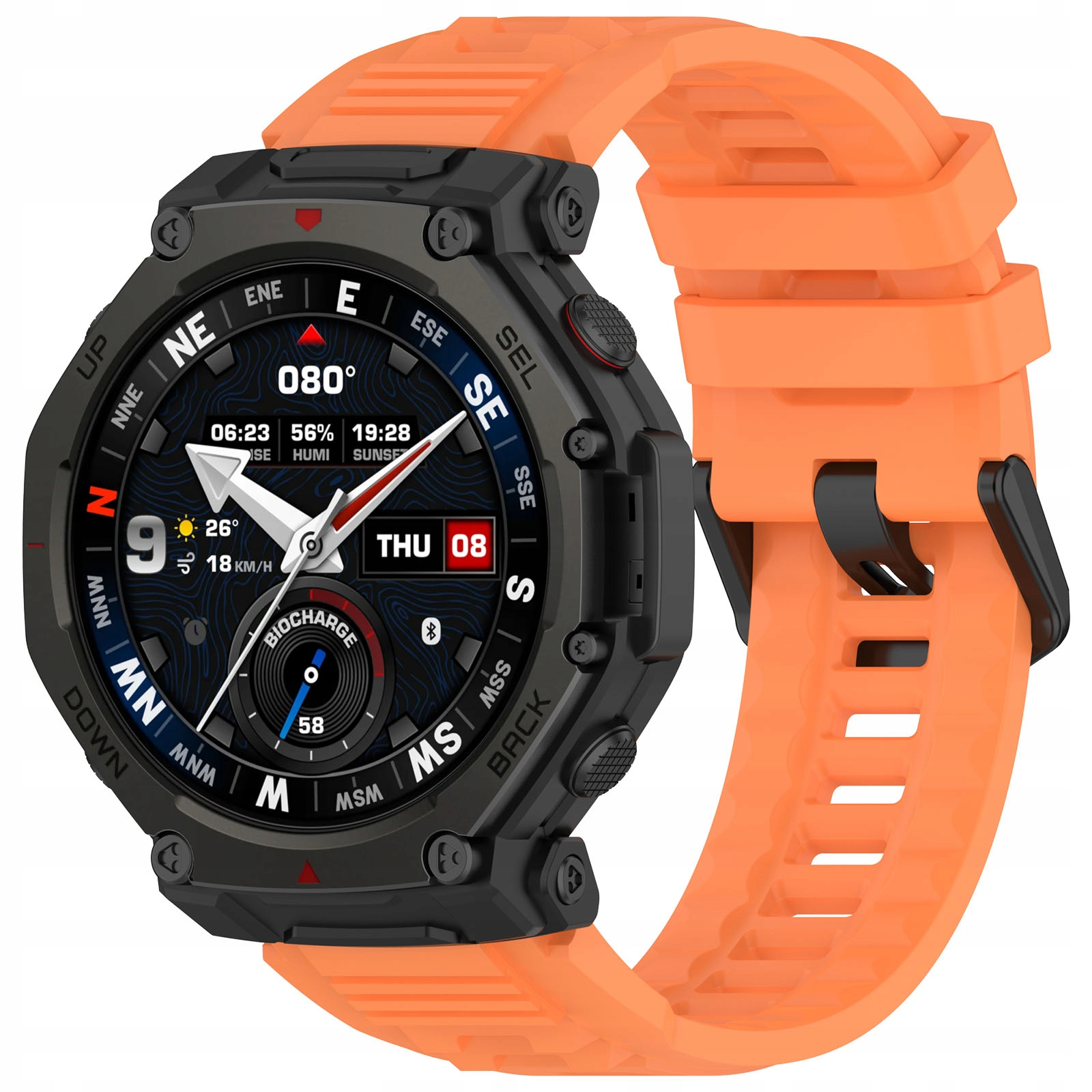 Pomarańczowy smartwatch z ciemną tarczą pokazującą kompas i czas.