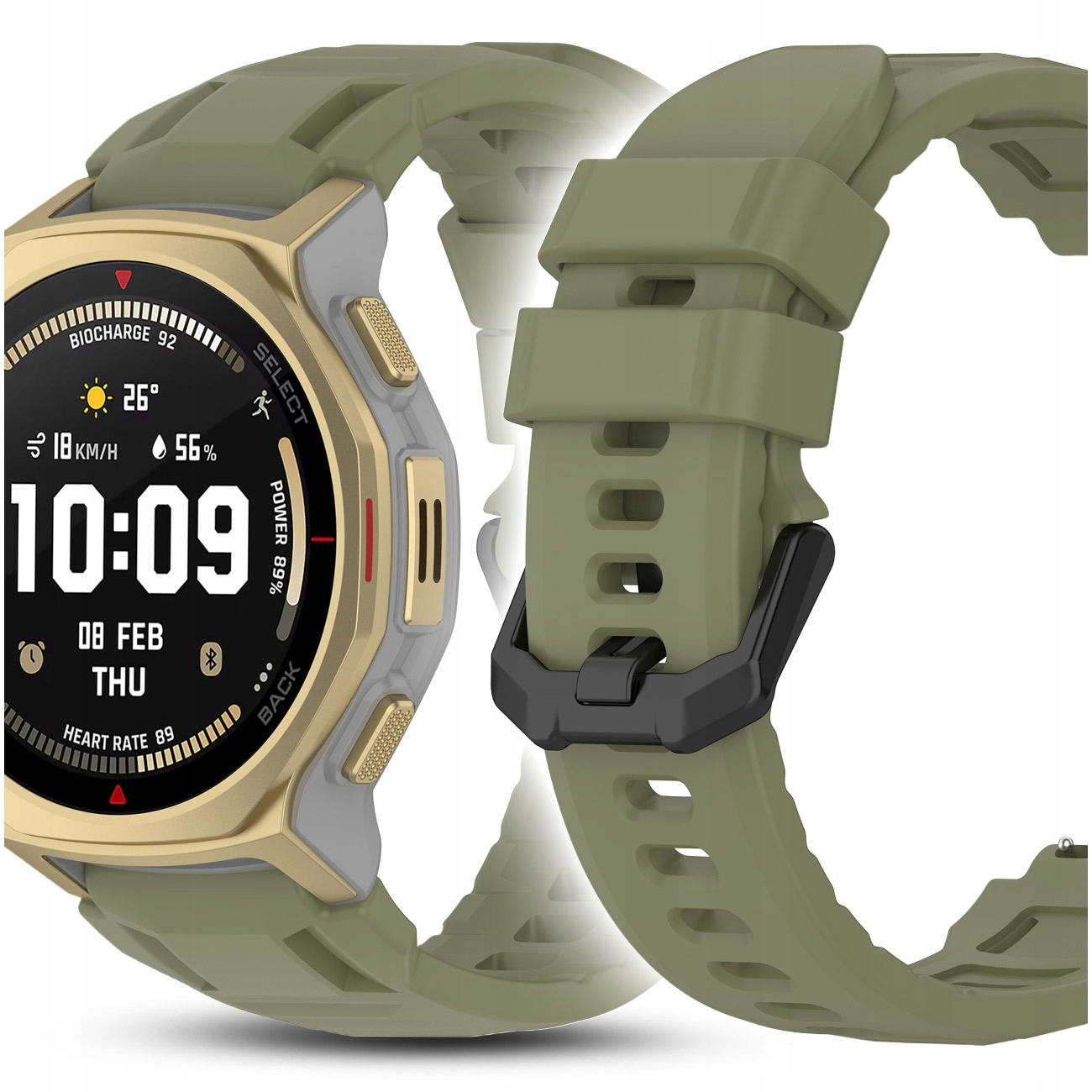 Zielony smartwatch ze złotą ramką wyświetla czas, datę i dane fitness.
