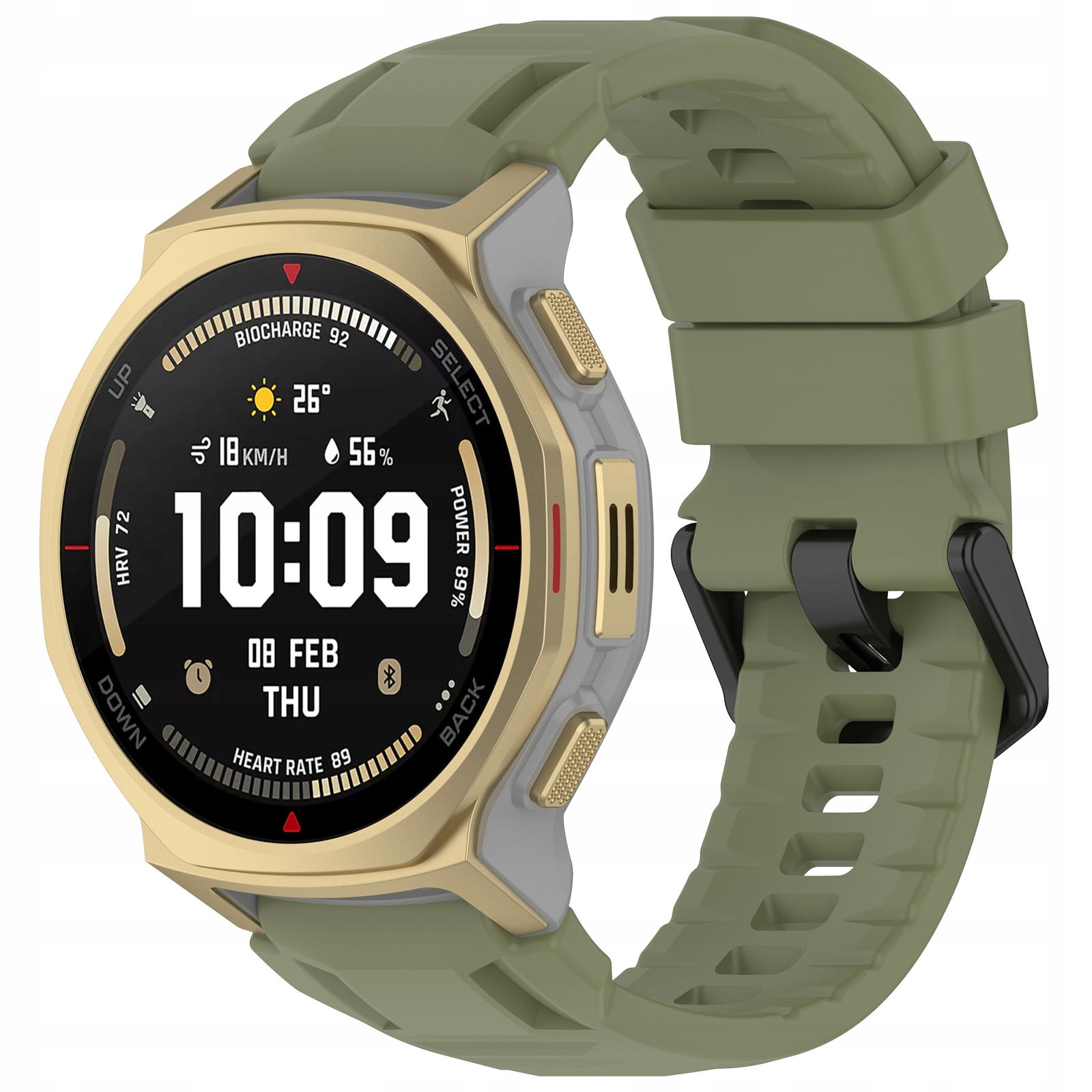Zielony smartwatch ze złotą ramką pokazuje 10:09, 26 stopni i tętno.
