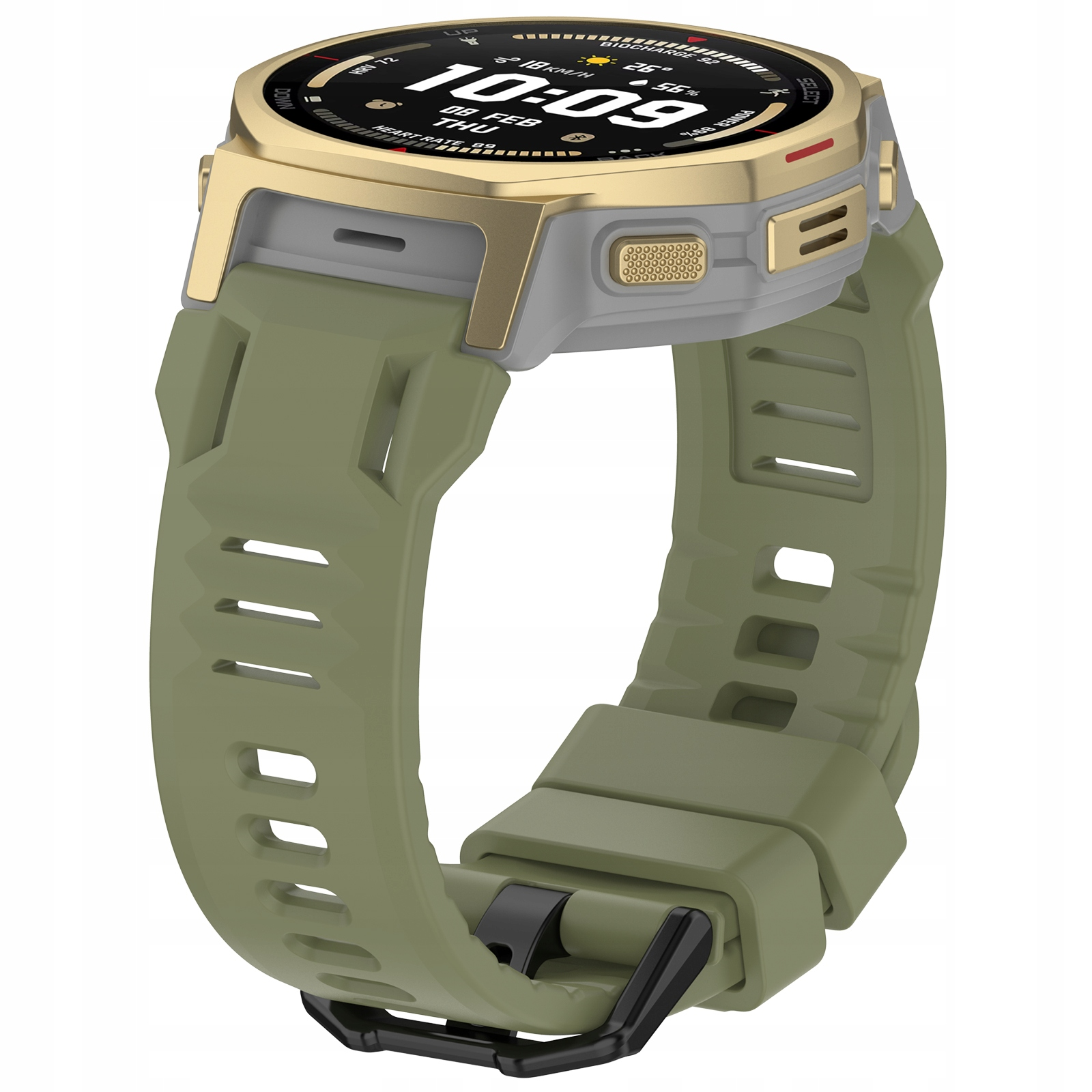 Zielony smartwatch ze złotą ramką i cyfrowym wyświetlaczem.