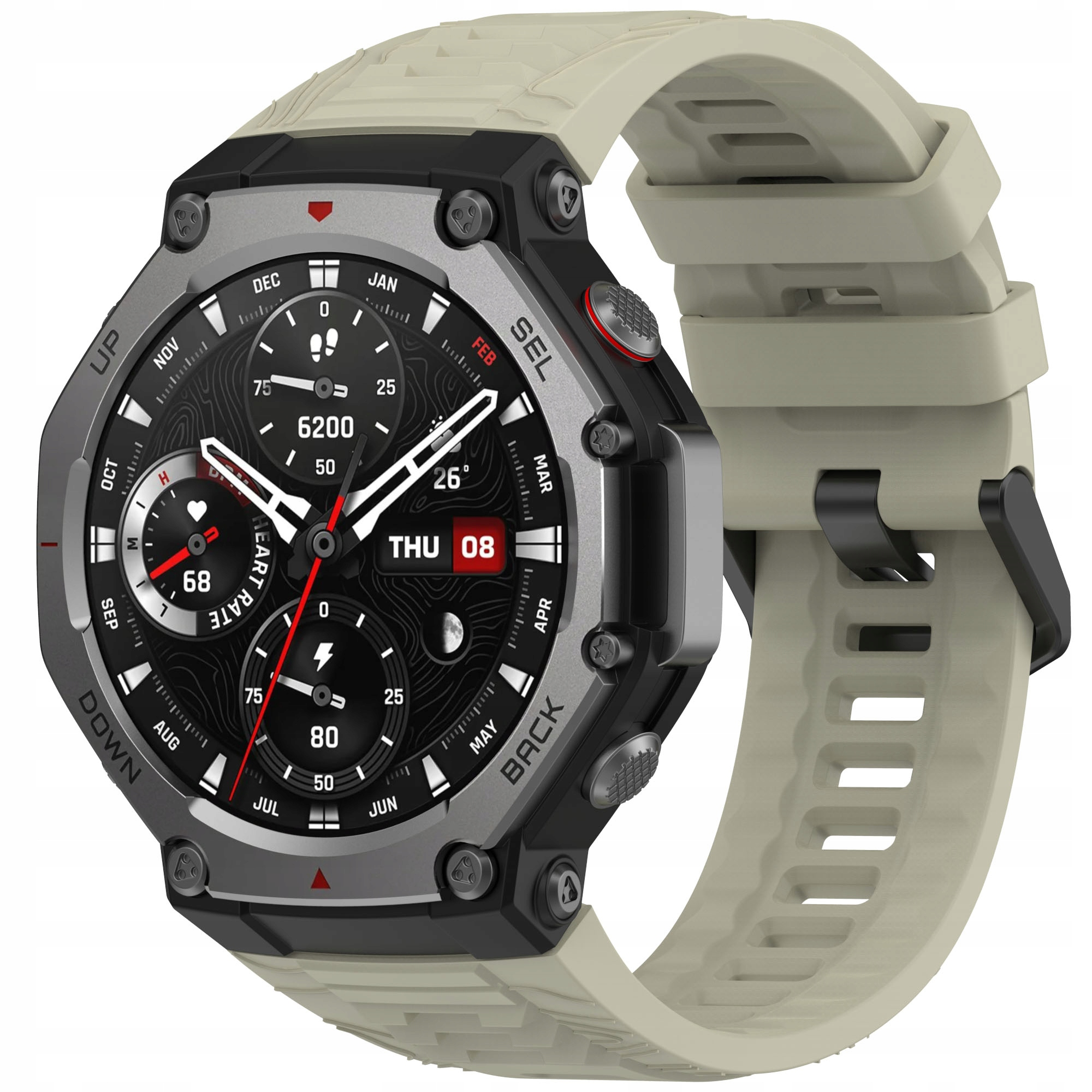 Wytrzymały, kremowy smartwatch z czarną tarczą i srebrną ramką.