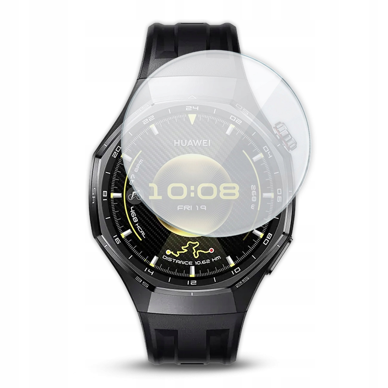 Czarny smartwatch z okrągłą tarczą pokazującą godzinę 10:08.