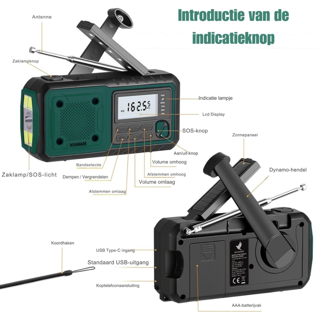 Green radio with LED lights, LCD, antenna, crank, and solar panel.