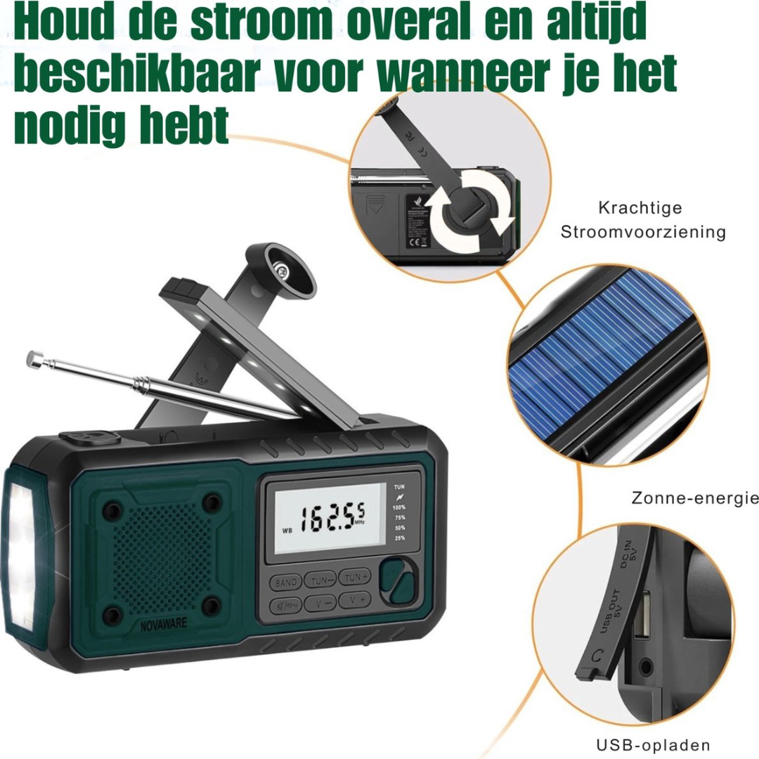 A portable radio with a crank, solar panel, and flashlight.
