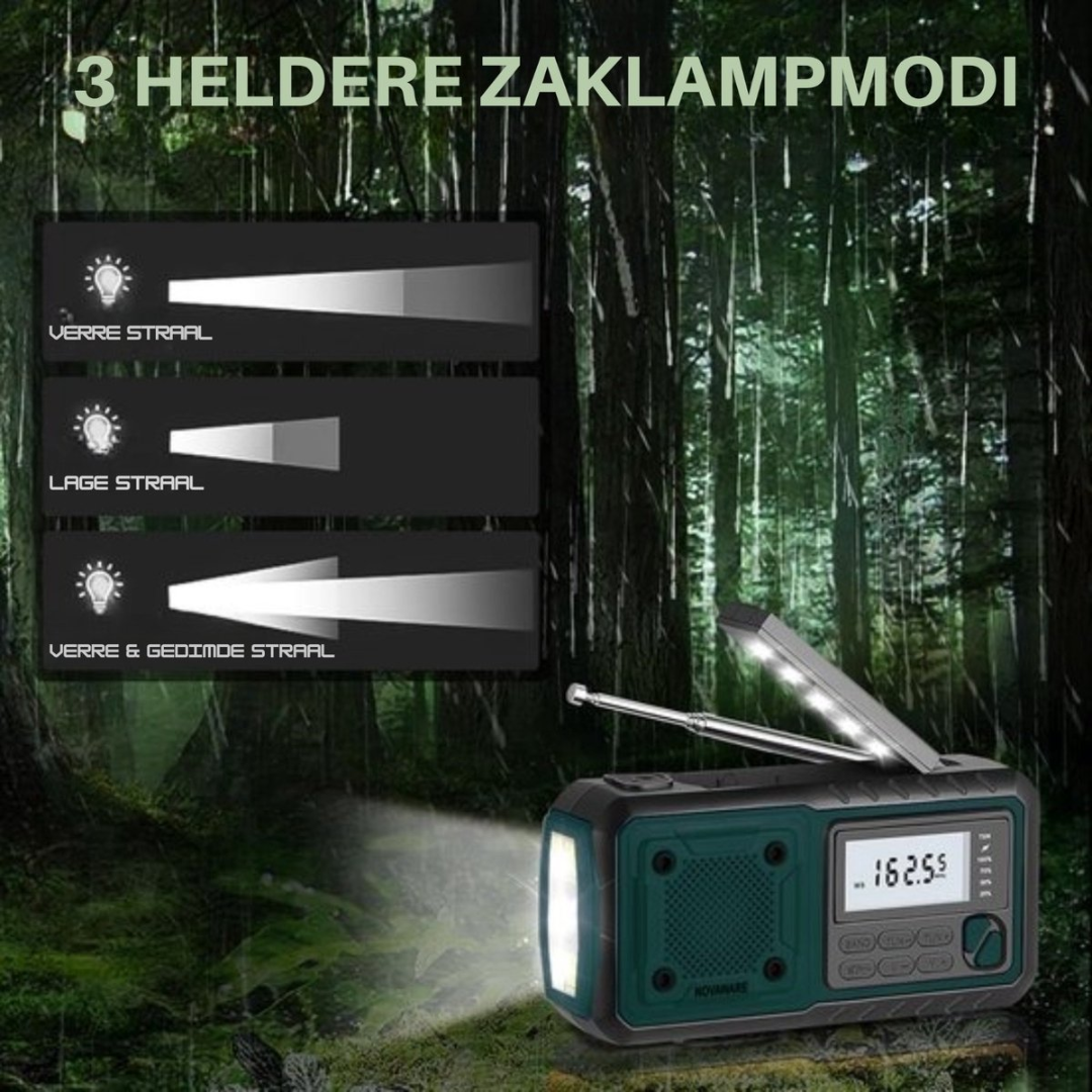 A multi-function radio with flashlight and three light mode displays in a forest.