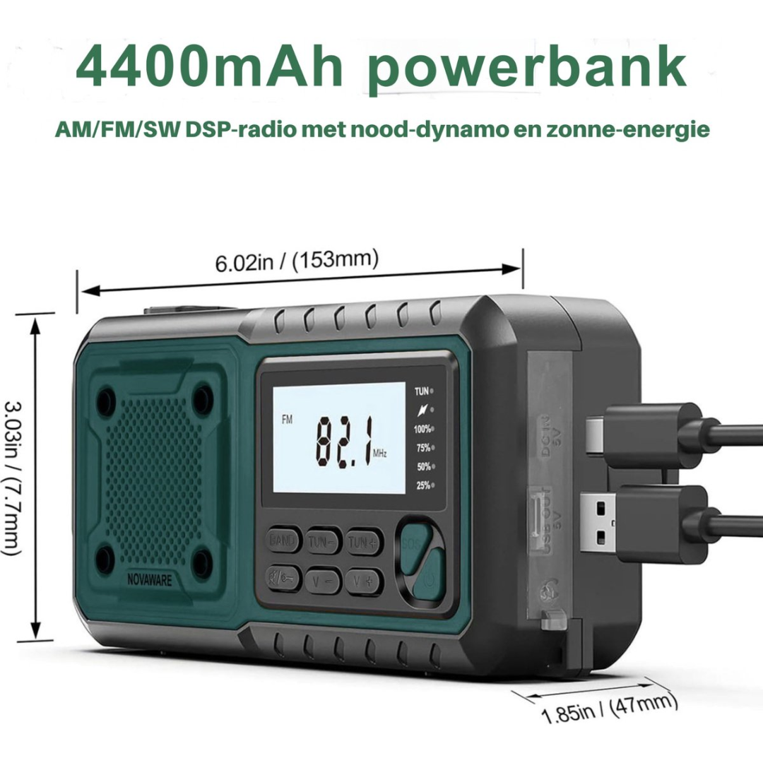 A dark green powerbank radio with a display and ports.