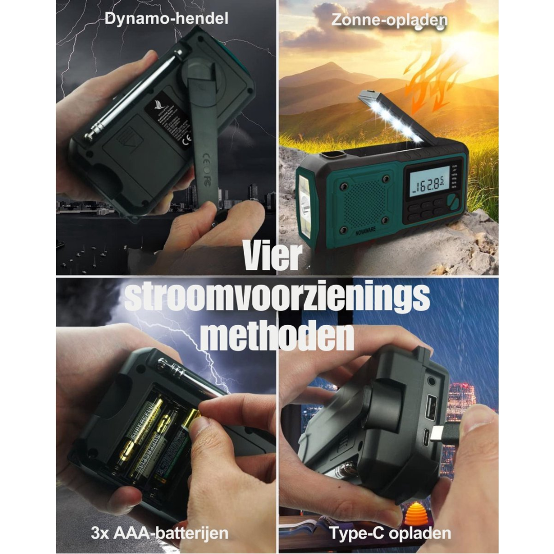 Four power supply methods: dynamo, solar, AAA batteries, Type-C charging.