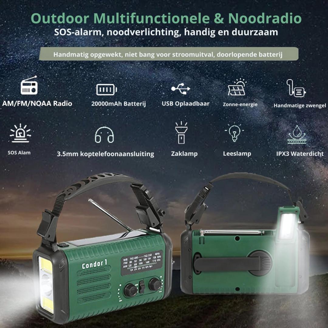 Two green multifunctional radios with flashlight and crank, outdoors.