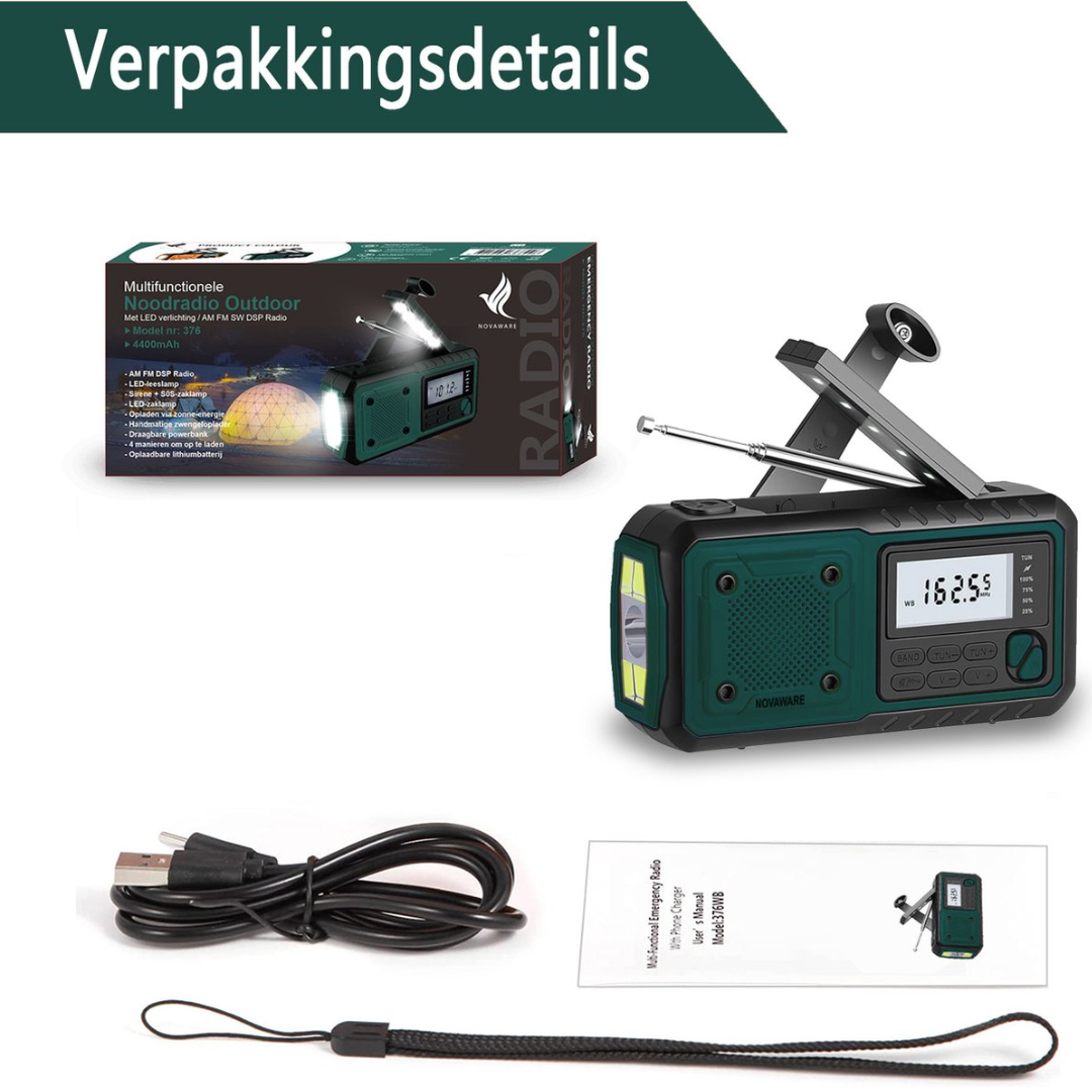 A green emergency radio box, a crank radio, a USB cable, and a manual.