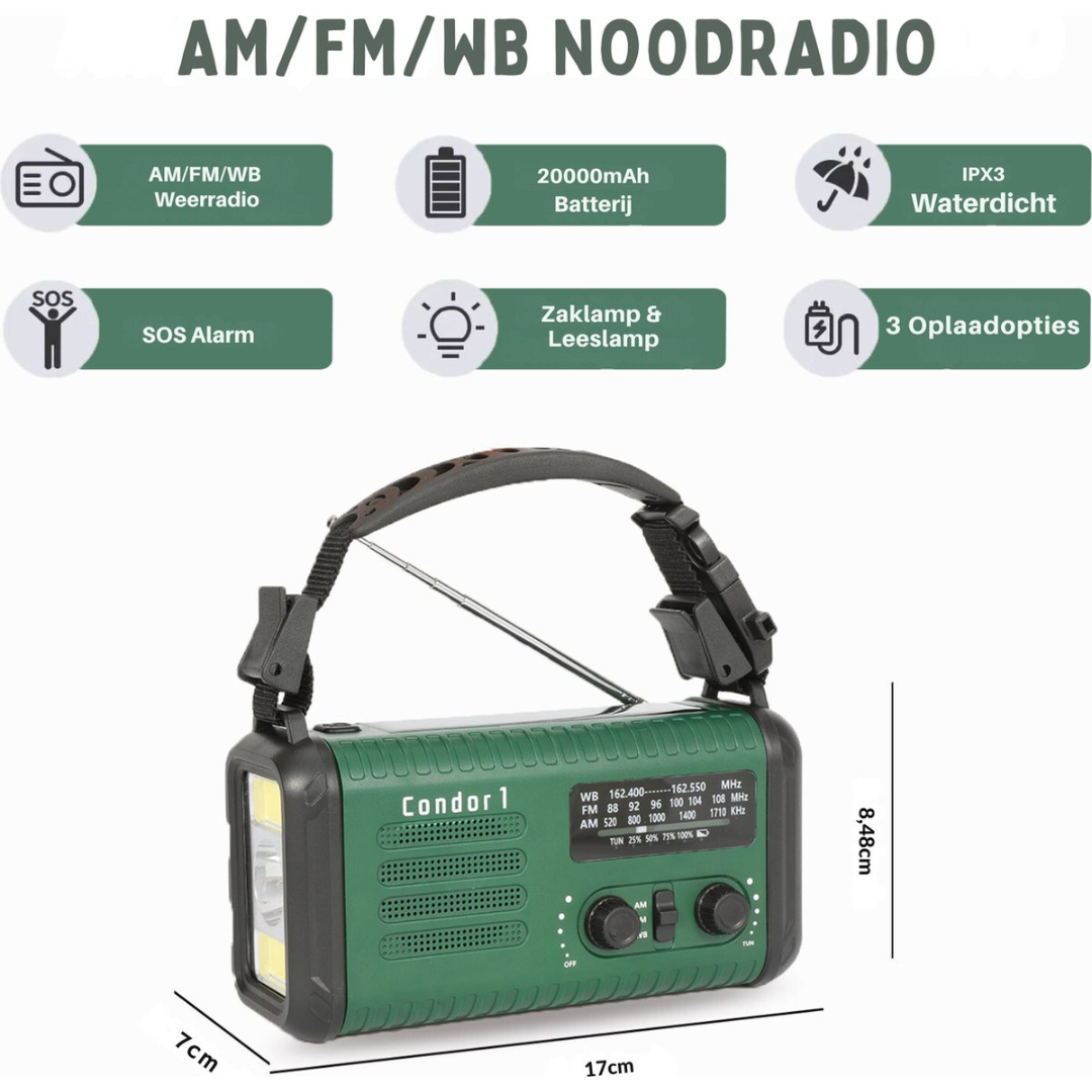 Green emergency radio with handle, lamp, and antenna. Dimensions 17x7x8.5cm.