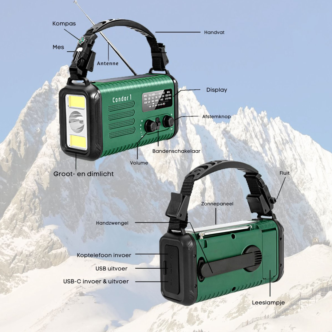 Green radio with handle, light, compass, antenna, solar panel, crank, and display.