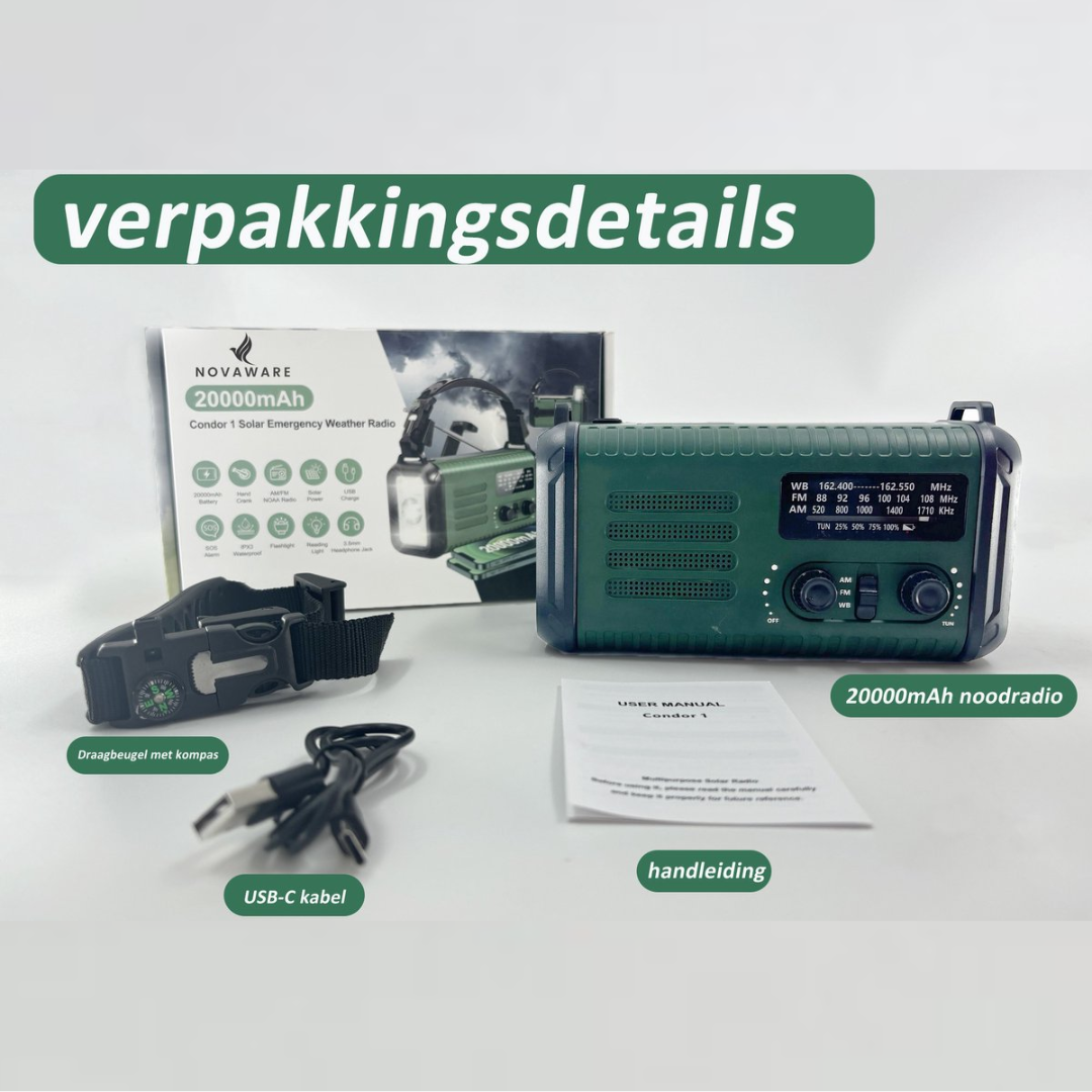 Green emergency radio with accessories: box, manual, USB cable, strap with compass.