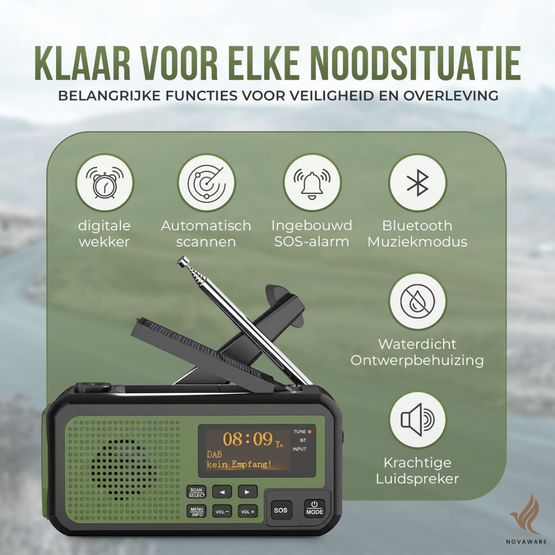 Emergency radio with digital features: alarm, DAB, SOS, Bluetooth, waterproof, speaker.