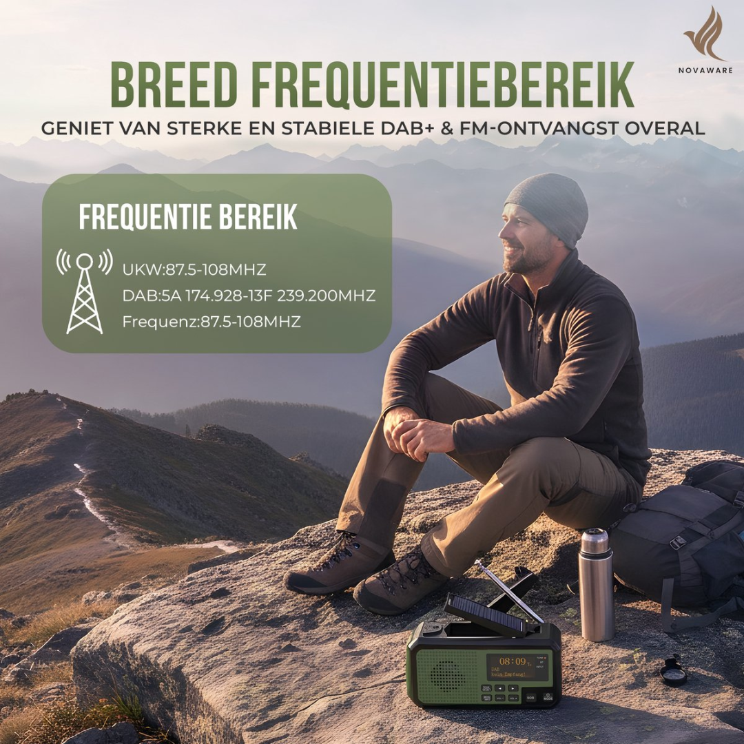 Man sitting on mountain, listening to radio. Wide frequency range shown.