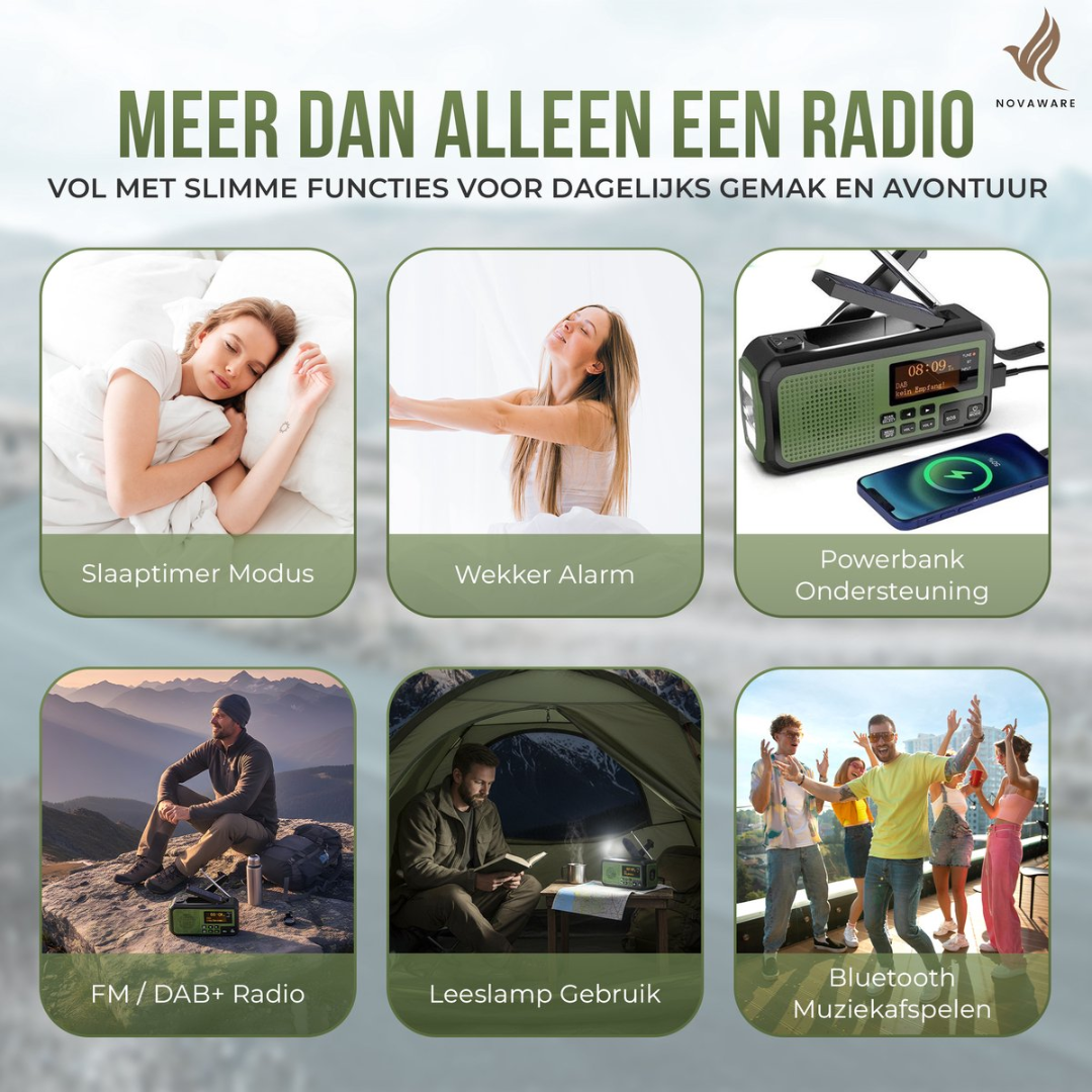 Woman sleeping, woman stretching, radio with phone, man in mountains, man reading, group celebrating.