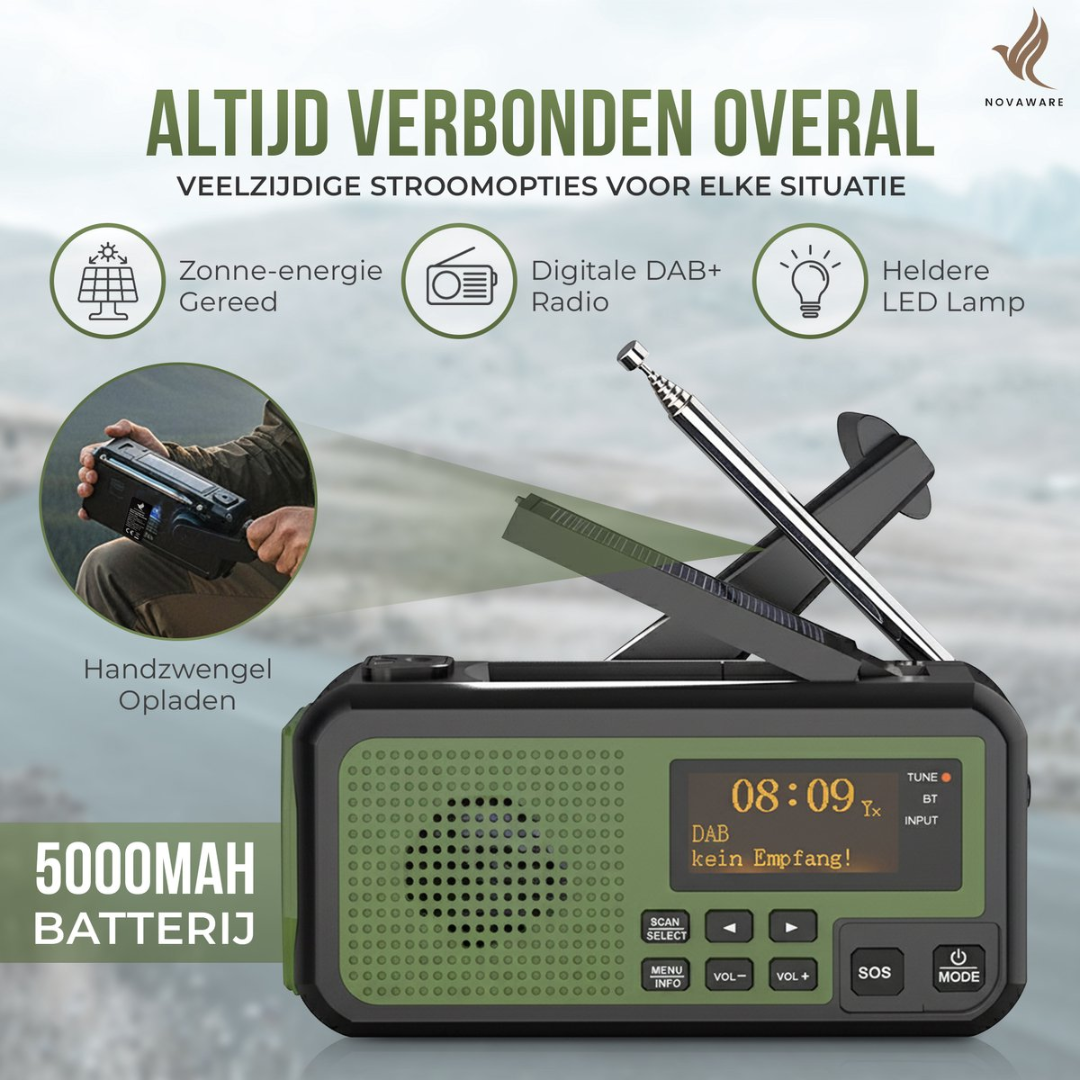Green emergency radio with solar panel, hand crank, DAB+, LED lamp, and 5000mAh battery.