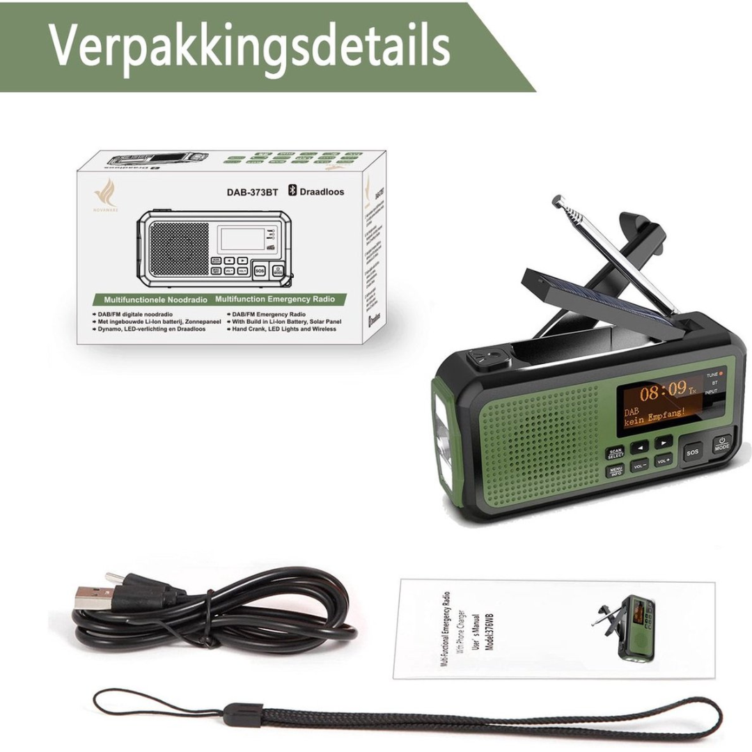 An emergency radio with solar panel, hand crank, flashlight, and USB charging cable.