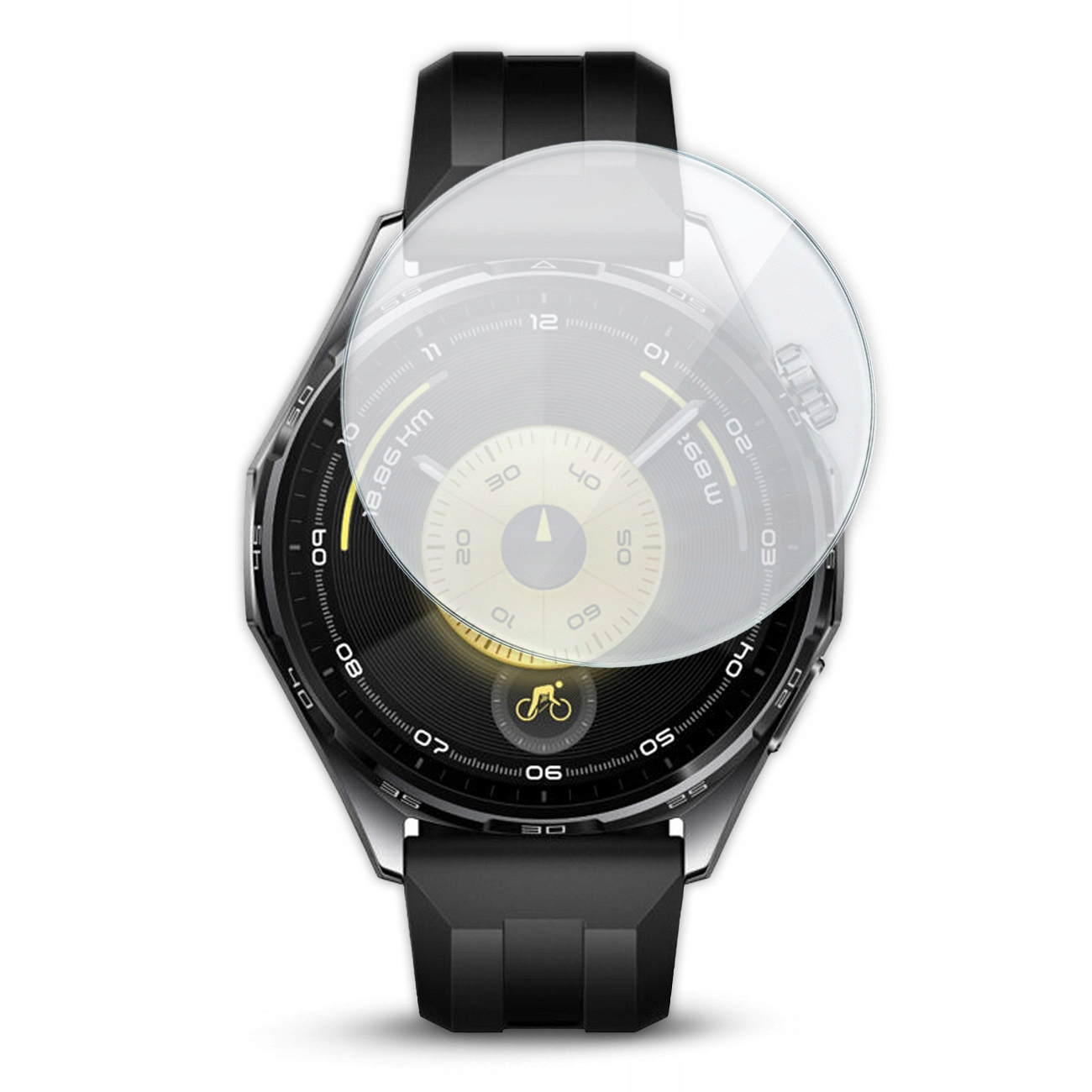 Czarny smartwatch z okrągłą tarczą, pokryty folią ochronną.