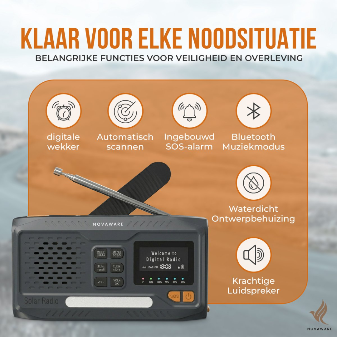 A grey solar radio with a digital display, antenna, and features like alarm, SOS, and Bluetooth.