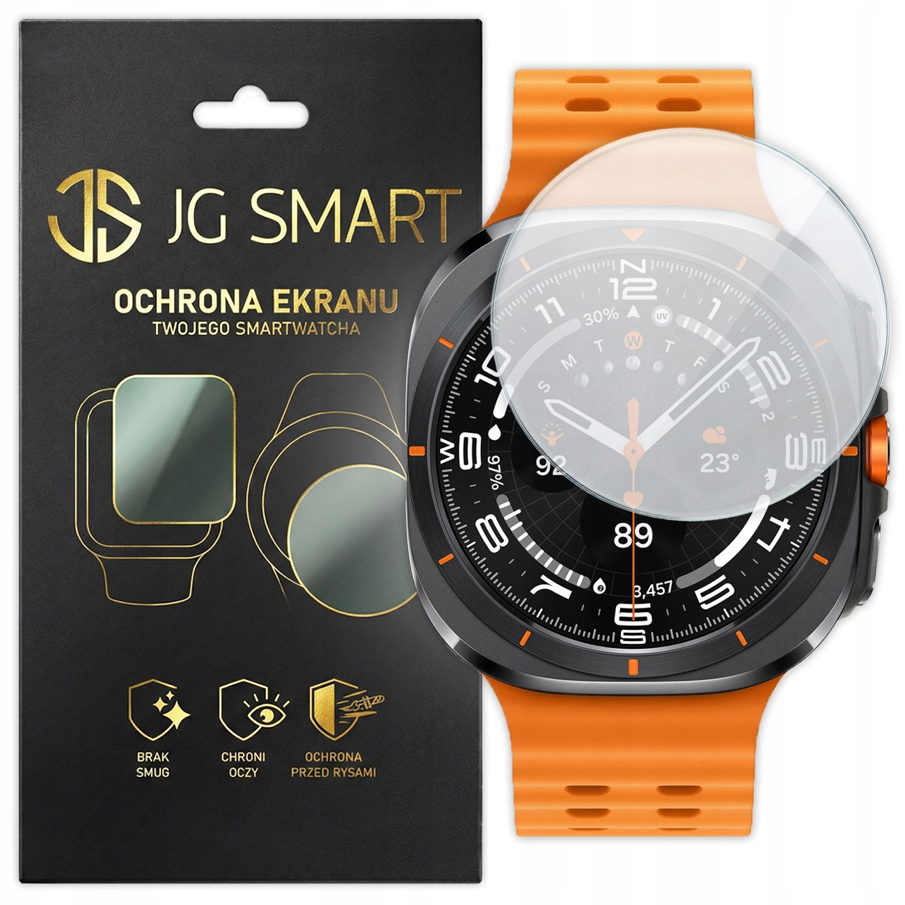 Ochraniacz ekranu smartwatcha i jego opakowanie z pomarańczowym paskiem.