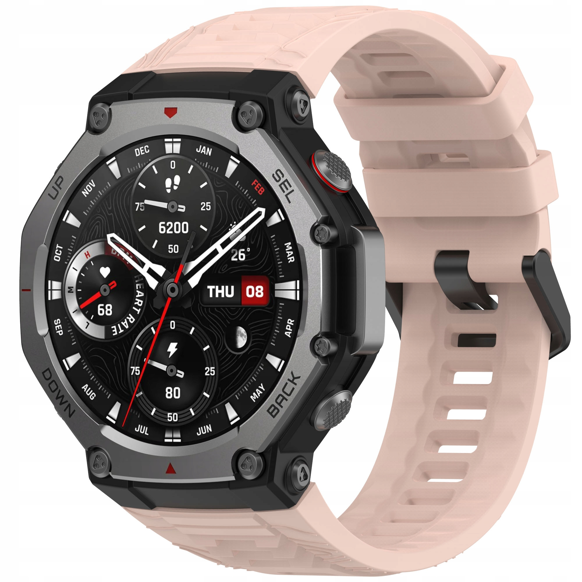 Nowoczesny smartwatch z różową bransoletą i czarno-szaro-srebrną tarczą wyświetlającą godzinę, datę, tętno, kroki i temperaturę.