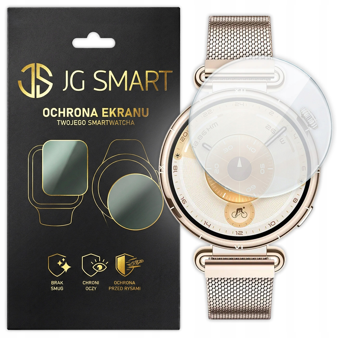 Folia ochronna na ekran smartwatcha z różowo-złotą bransoletą.