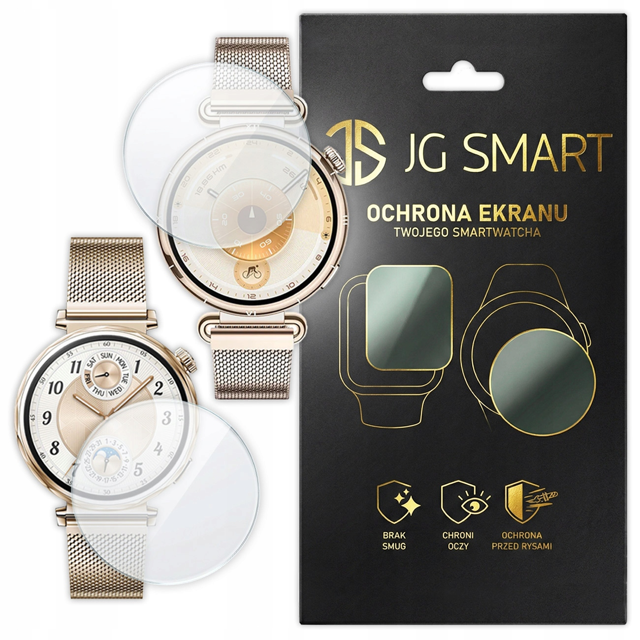 Srebrny wyświetlacz smartwatcha z folią ochronną i opakowaniem. Minimalistyczny.