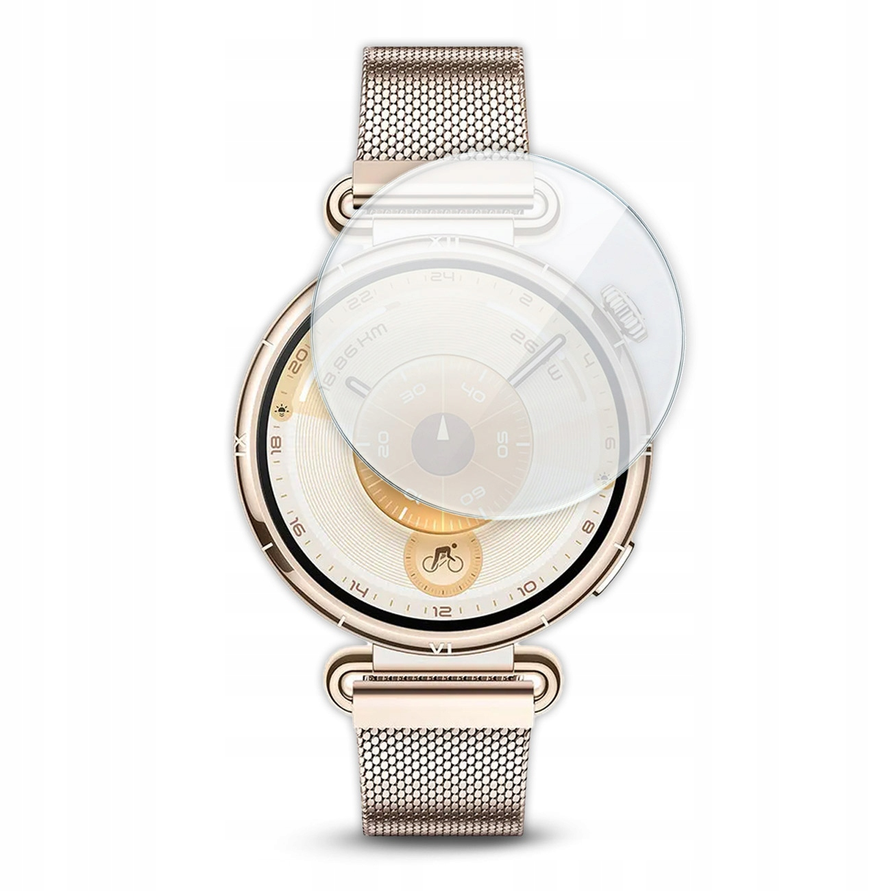 Złoty smartwatch z metalową bransoletą i przezroczystą osłoną ekranu.