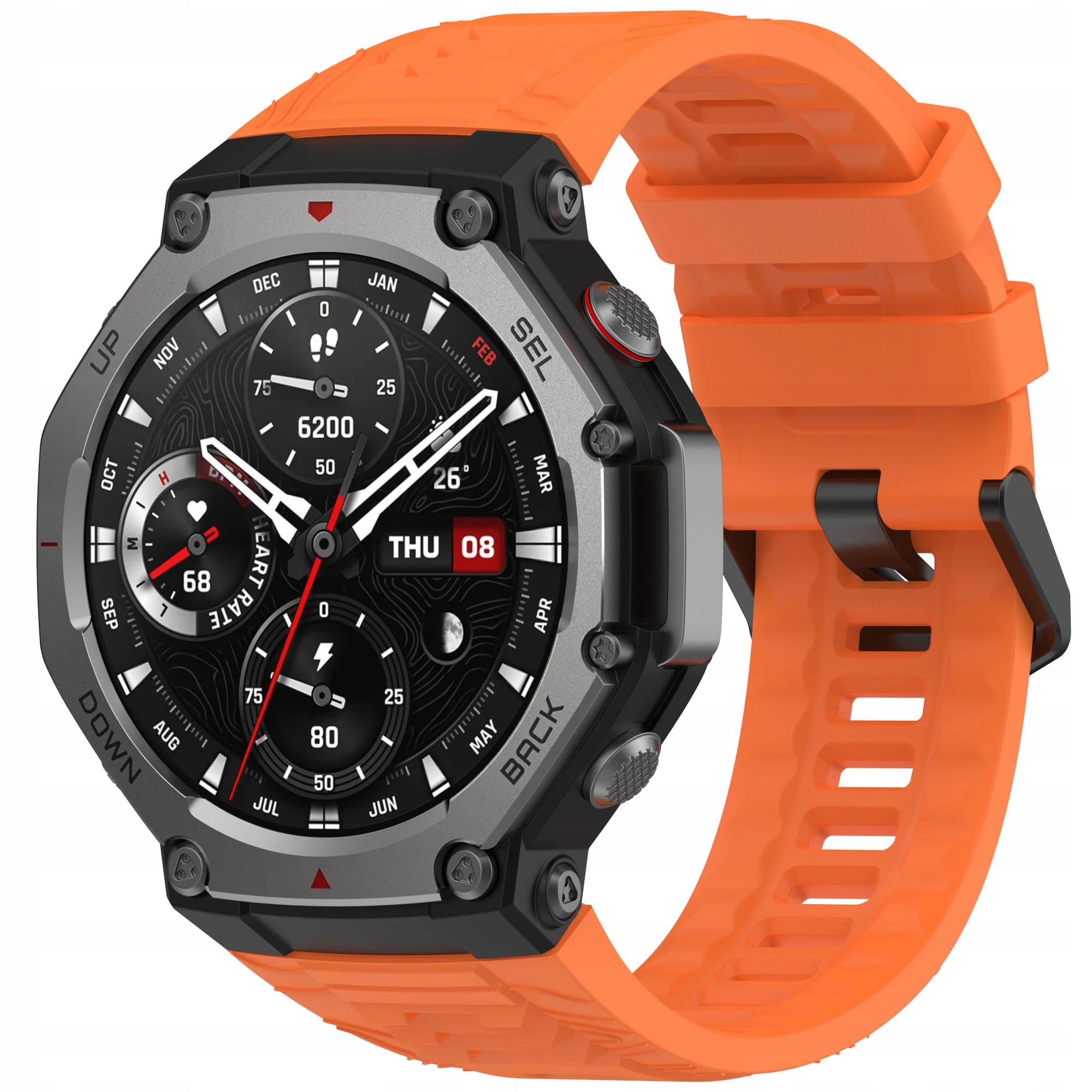 Wytrzymały, pomarańczowo-czarny smartwatch wyświetla godzinę, tętno, kroki i temperaturę.