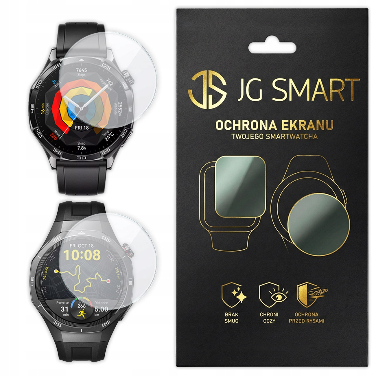 Dwa smartwatche z foliami ochronnymi i opakowaniem. Widoczne logo JG SMART.