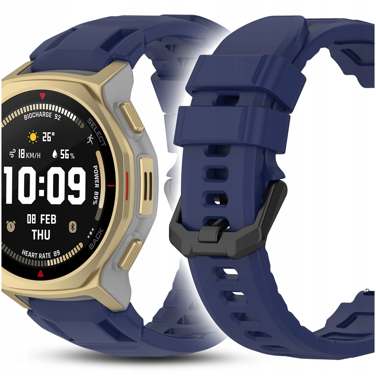 Złoty smartwatch z niebieską opaską, pokazuje 10:09, 26°C, 18 km/h.