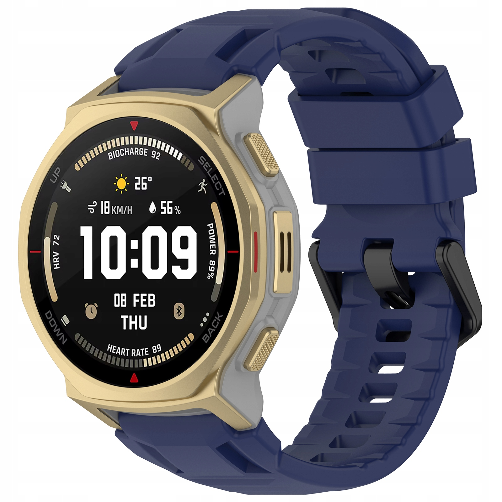 Złoty smartwatch z niebieską opaską pokazuje 10:09, 26 stopni, 18 km/h.