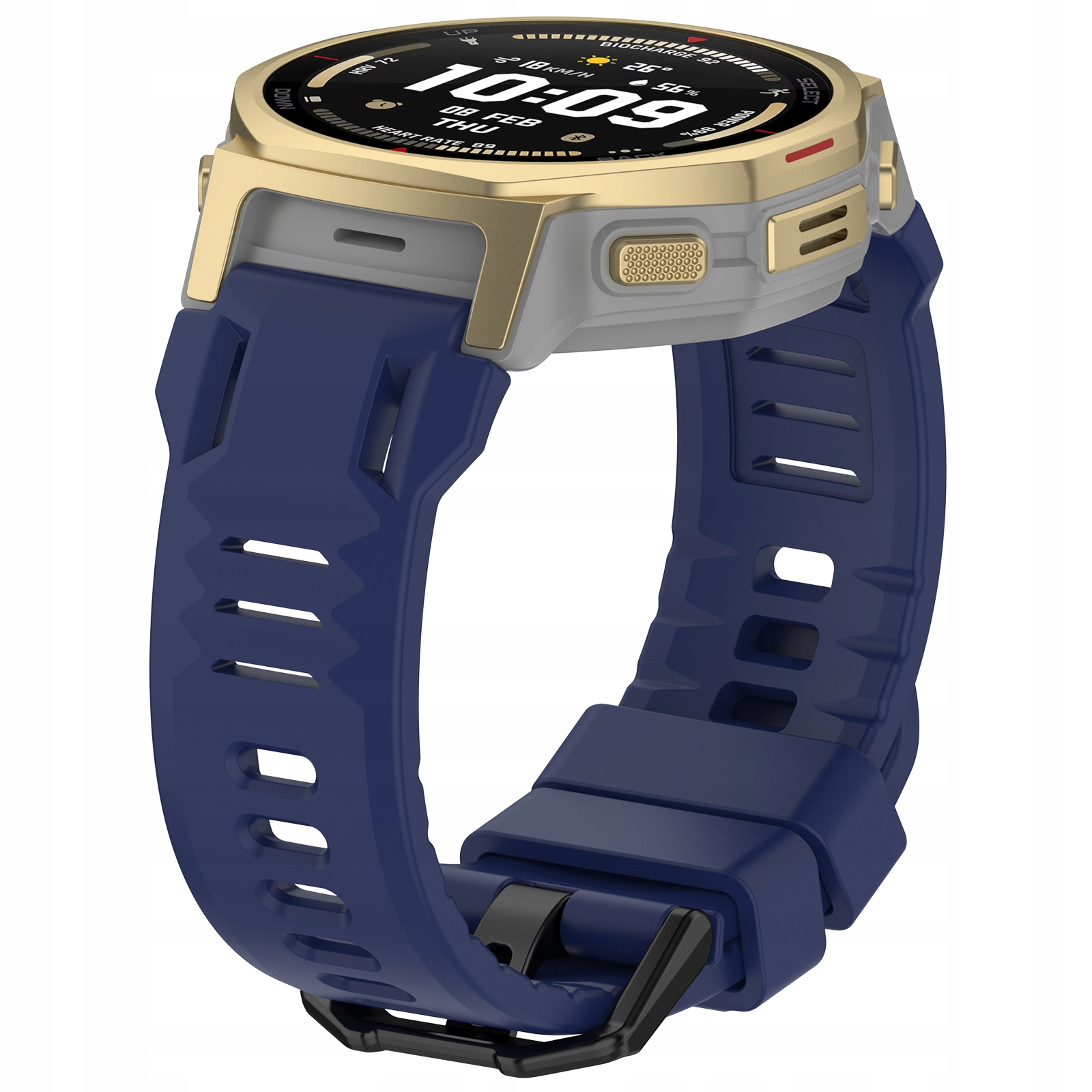 Złoty smartwatch z niebieskim paskiem i cyfrowym wyświetlaczem.