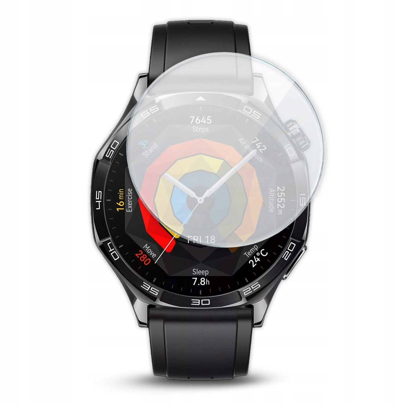 Smartwatch z czarnym paskiem wyświetla dane fitness: 7645 kroków, 24°C.