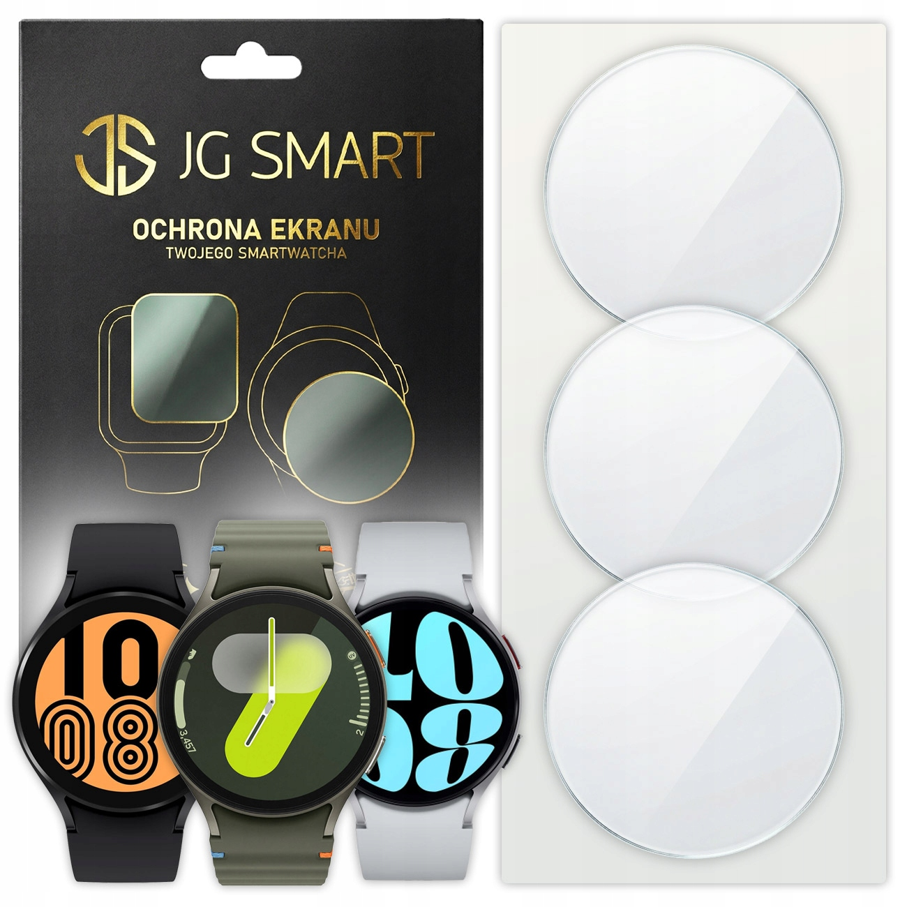 Opakowanie folii ochronnej na ekran smartwatch z trzema zegarkami i ochraniaczami.