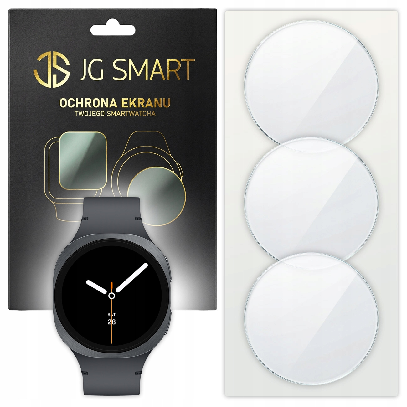 Opakowanie ochraniaczy ekranu do smartwatcha z szarym smartwatchem i trzema okrągłymi ochraniaczami.