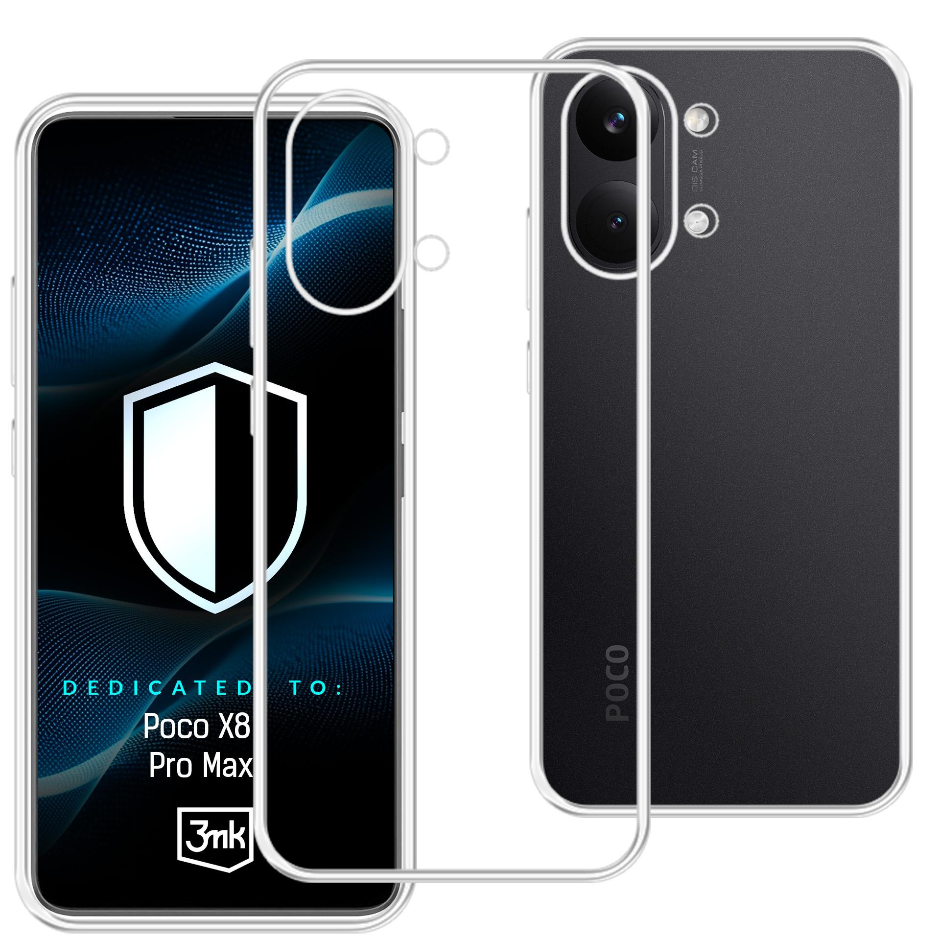 Przezroczyste etui na telefon Poco X8 Pro Max z aparatem i logo na czarnym tle.