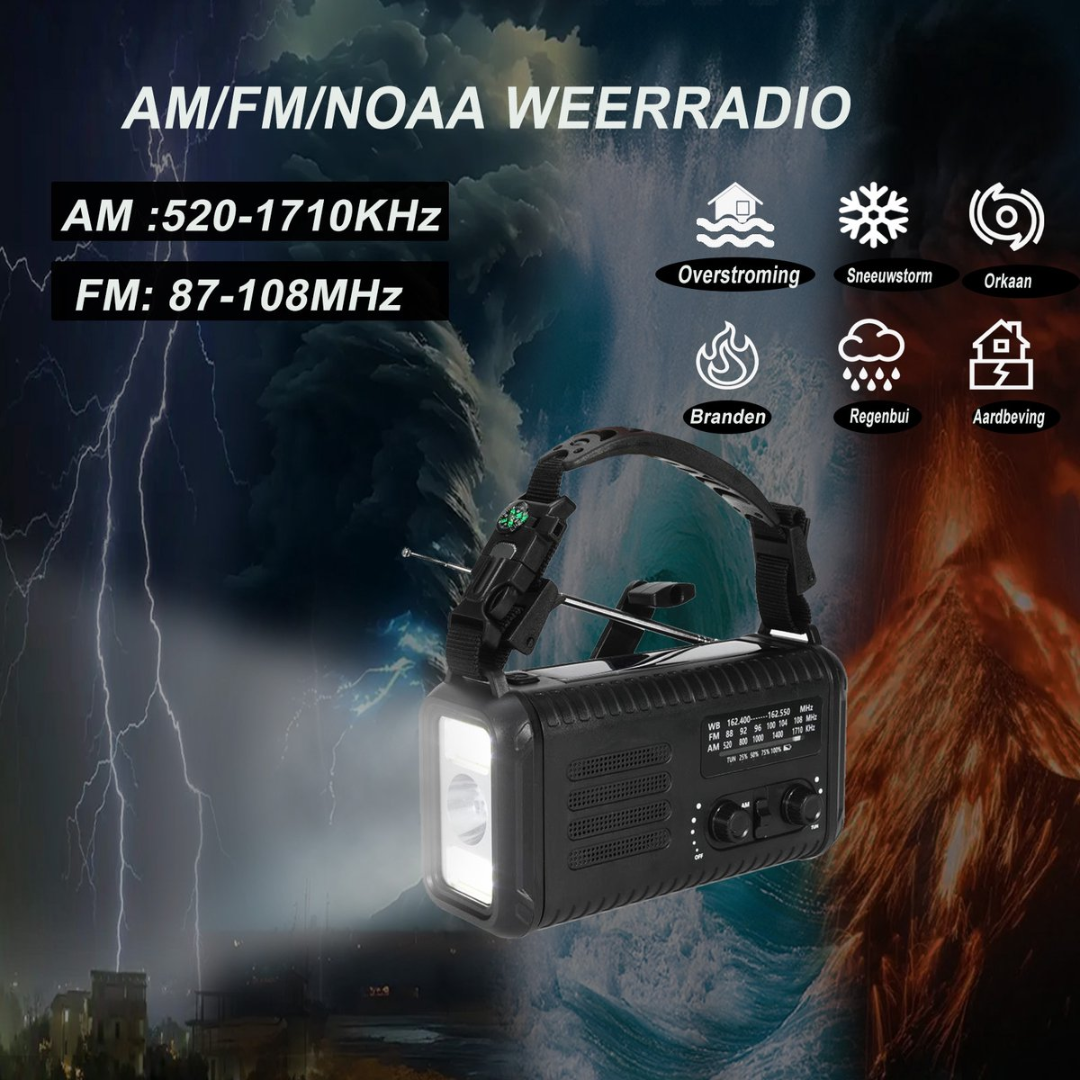 A black emergency radio with flashlight, AM/FM/NOAA frequencies, and natural disaster icons.