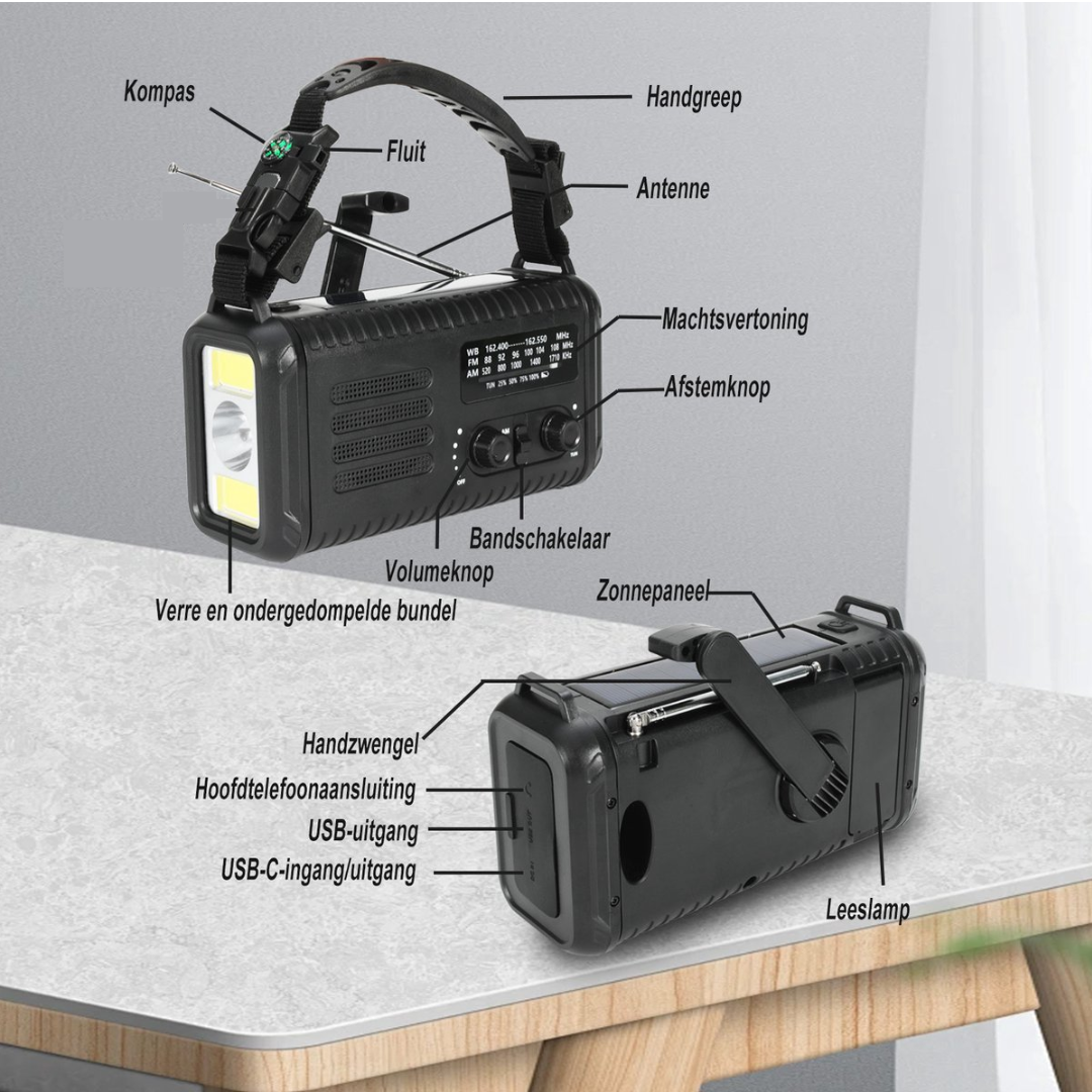 A black multi-tool radio with flashlight, compass, whistle, crank, and solar panel.