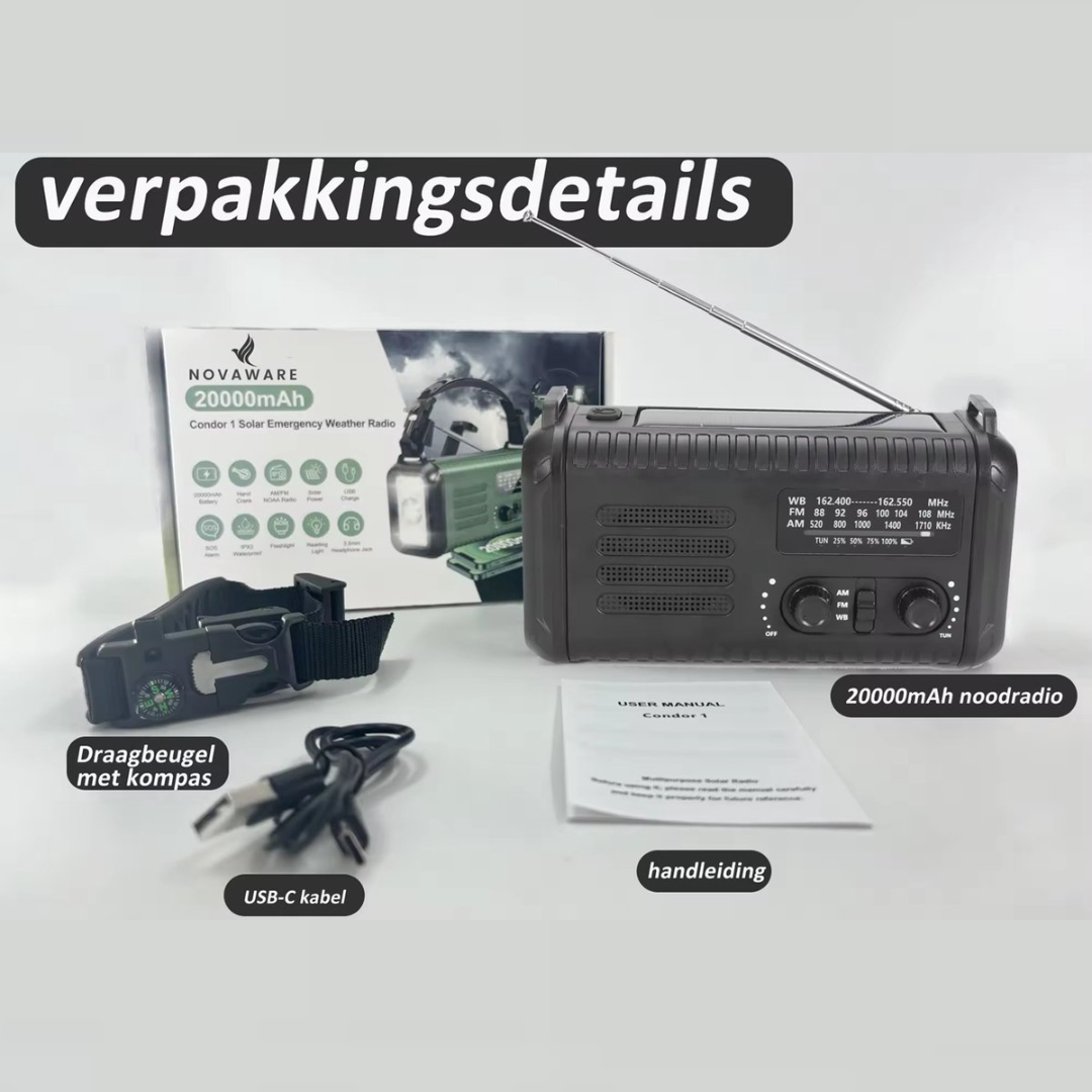 An emergency radio with compass, USB cable, and manual.