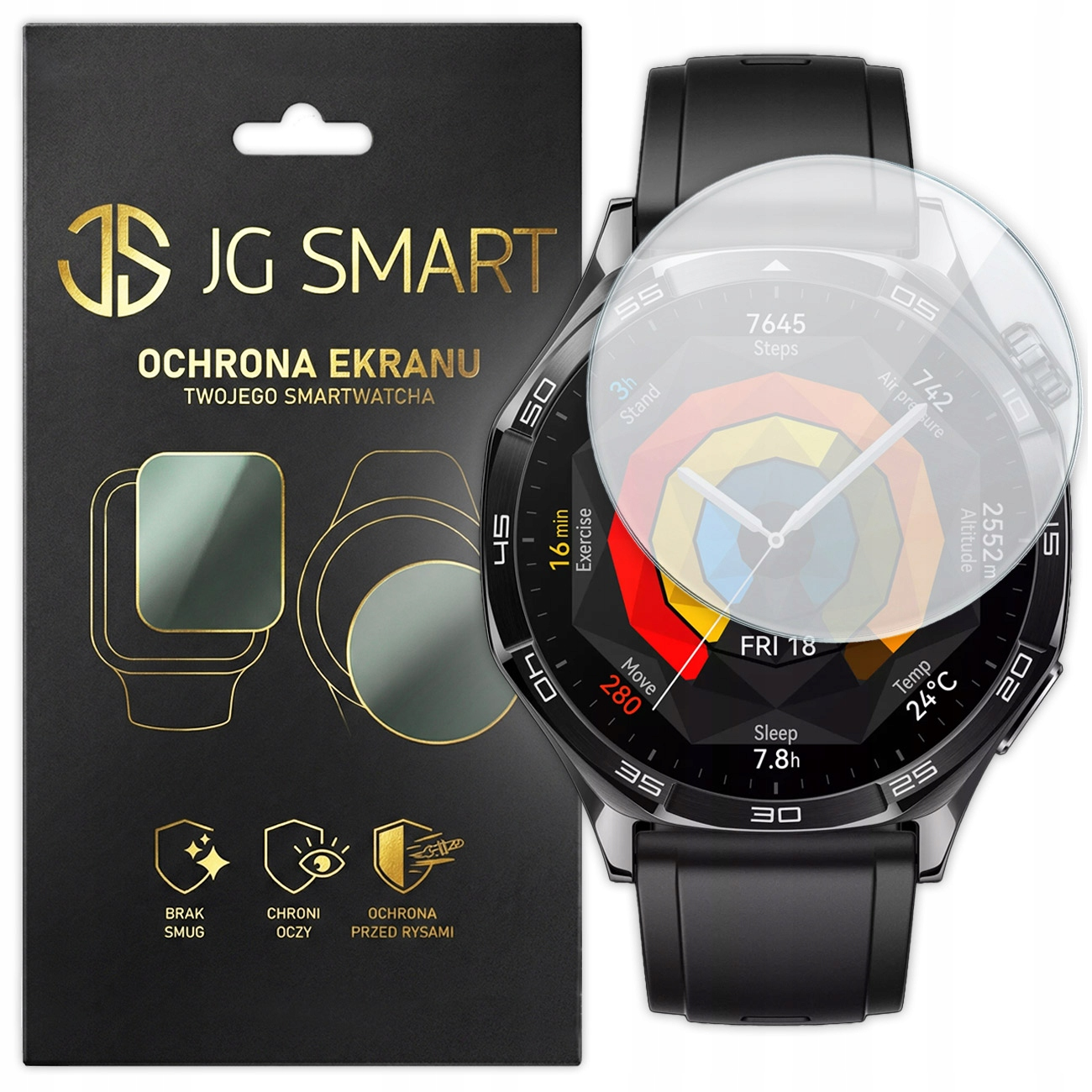 Opakowanie folii ochronnej na ekran obok smartwatcha z folią ochronną.
