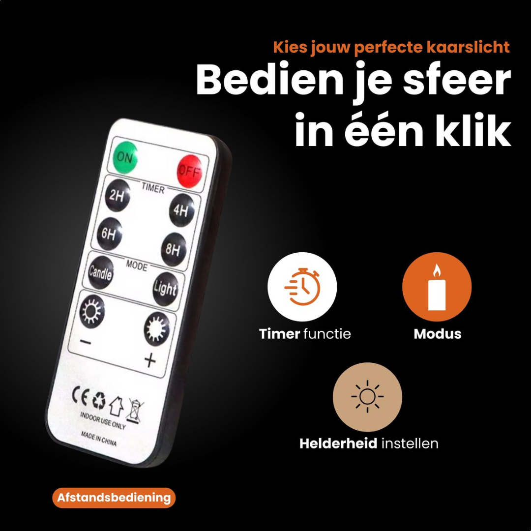 Remote control with ON/OFF, timer, mode buttons. Icons for timer, candle, brightness.