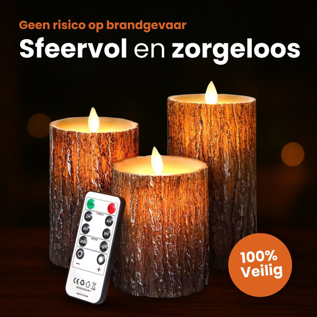 Three wood-look LED candles with a remote control and illumination.