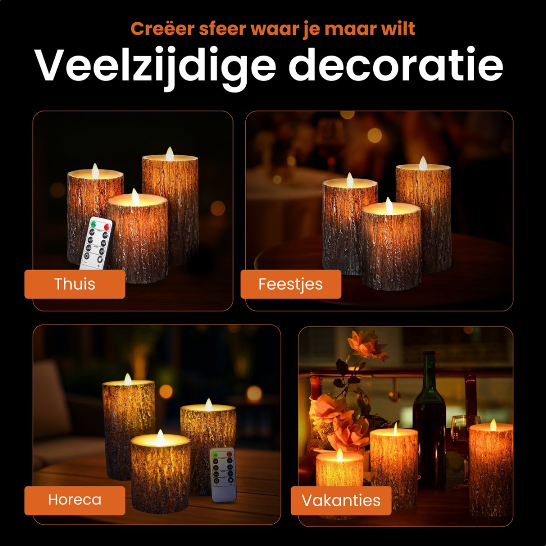 Four scenes show LED candles: Home, Parties, Hospitality, and Holidays.