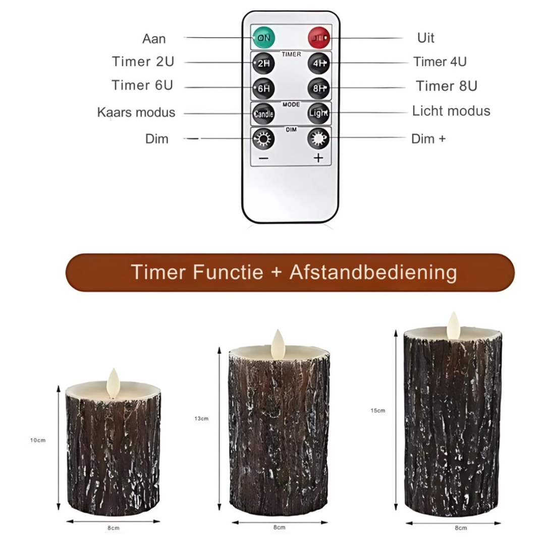 Remote control and three bark-textured candles with dimensions.