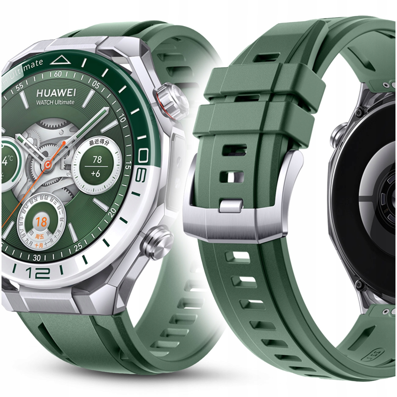 Zielony Huawei Watch Ultimate ze srebrną kopertą i metalowymi detalami.
