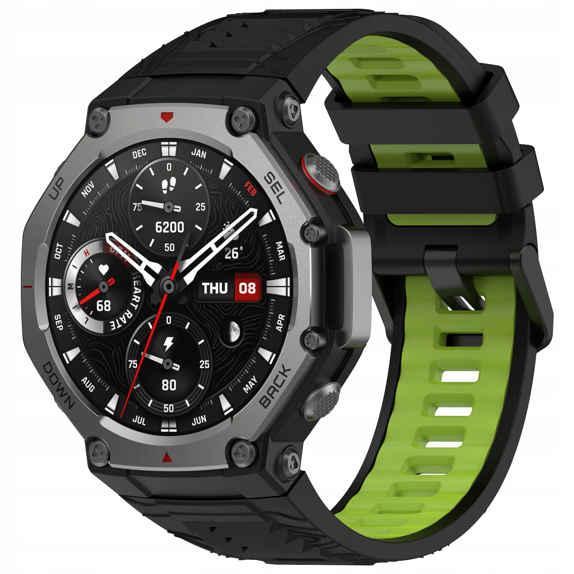 Czarny i zielony smartwatch ze srebrną ramką i cyfrowym wyświetlaczem.