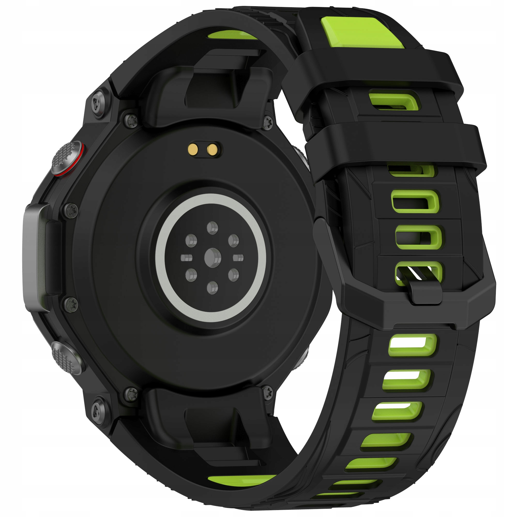 Czarny smartwatch z zielonymi akcentami na pasku i stykami ładowania z tyłu.