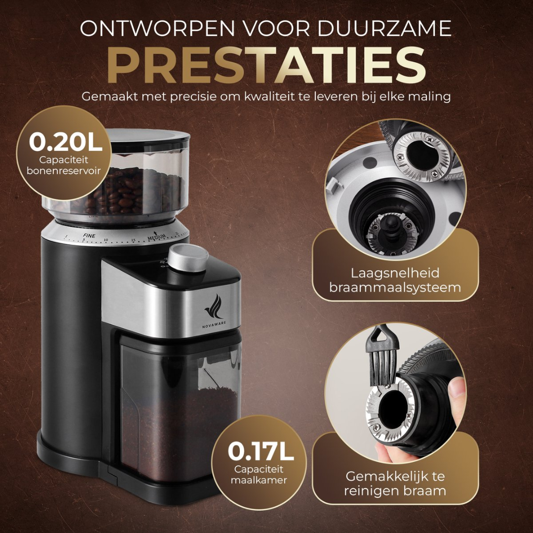 Coffee grinder with 0.20L bean hopper and 0.17L grinding chamber. Shows grinding system and cleaning.