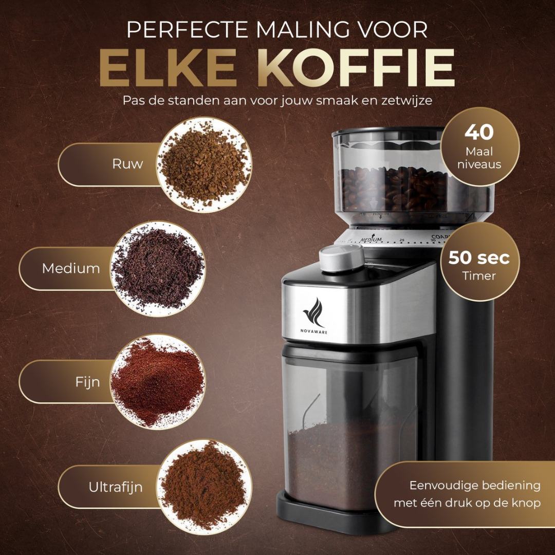 Coffee grinder with four grinds: coarse, medium, fine, ultrafine. 40 grind levels, 50s timer.